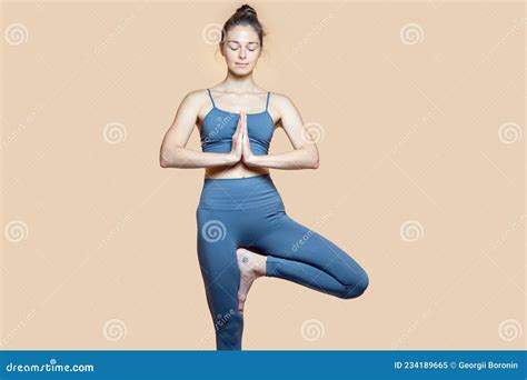 Yoga Practice Advertisement Girl Perform Tree Pose Vrikshasana With