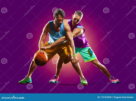 Colourful Professional Basketball Players Isolated Over Purple