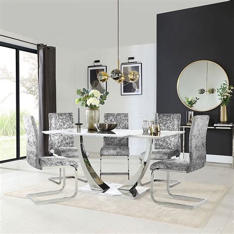 Peake Dining Table And 6 Perth Chairs White Marble Effect And Chrome