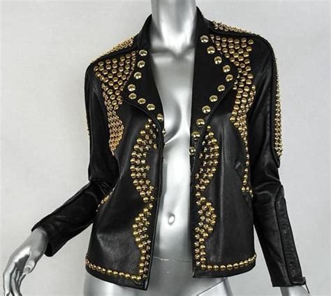 Womens Custom Made Golden Studded Leather Jacket Steam Punk Golden