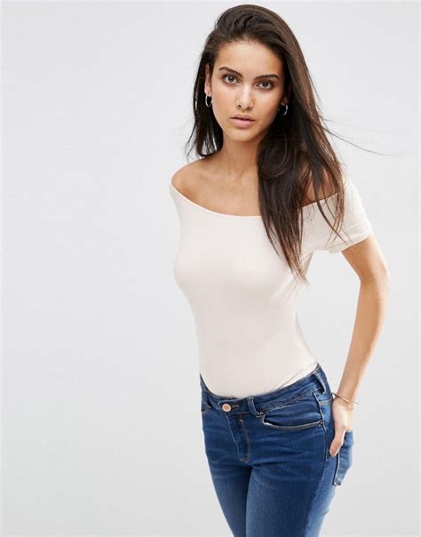 Image Of Asos The Off Shoulder Body With Short Sleeves In Rib Basic