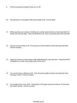 We hope that the free math worksheets have been helpful. Algebra Word Problems in One Variable Worksheets by Activities by Jill