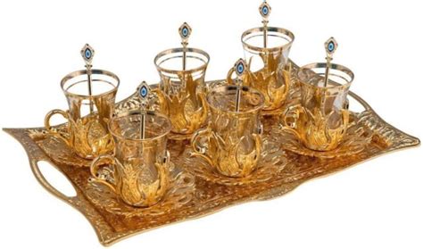 Bosphorus Turkish Tea Set For Glasses With Brass Holders Lids