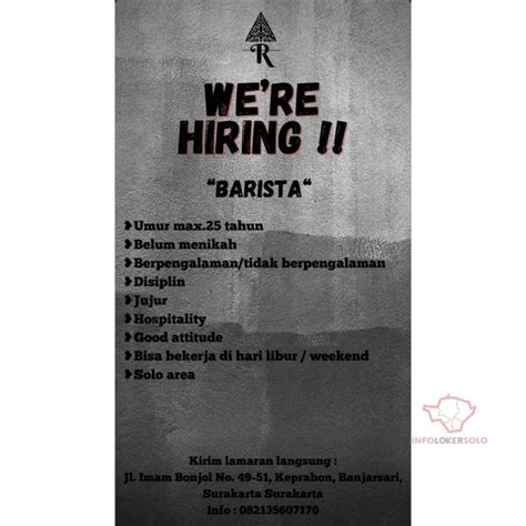 Bagi yang berminat pasang iklan lowongan, kirimkan pesan ke inbox kami. Lowongan Kerja Barista Coffee Shop Keprabon Solo - INFO ...