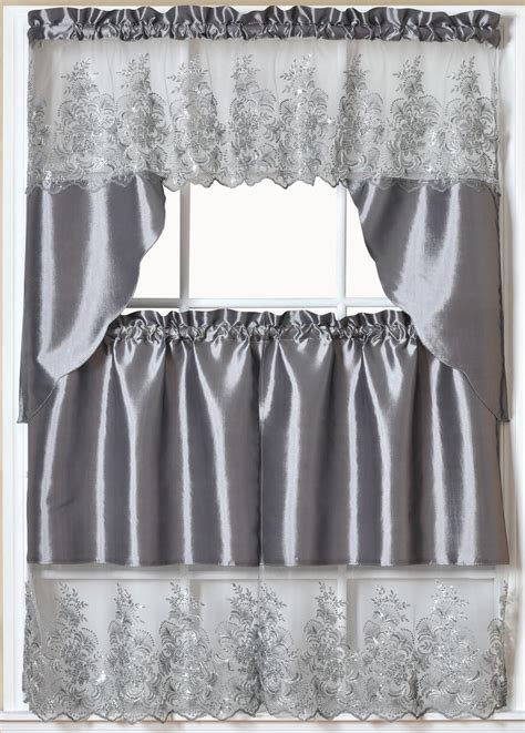Paula 3 Pc Organza Embroidered Kitchen Curtain Set Silver Tier 30x36 Valance 60x36 Inches