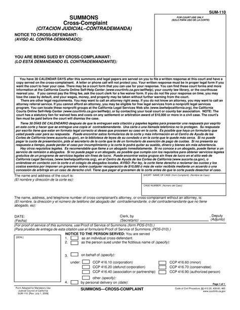 Summons Cross Complaint Form ≡ Fill Out Printable Pdf Forms Online