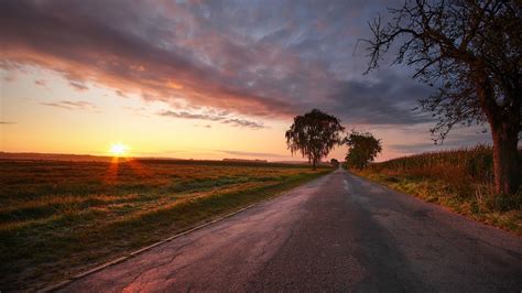 Road Between Field And Trees Under Cloudy Sky During Sunset Hd Nature
