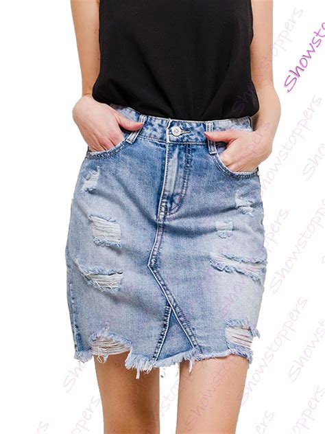 Womens Stonewash Denim Skirt Distressed Ripped Skirts New Size 8 10 12 14 6 Blue Ebay