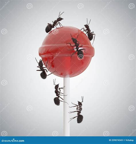 Many Hungry Ants Eating Lollipop 3d Rendered Illustration Stock