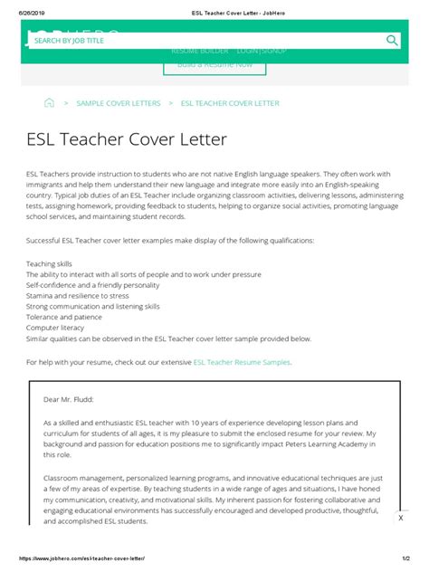 Esl Teacher Cover Letter Jobhero English As A Second