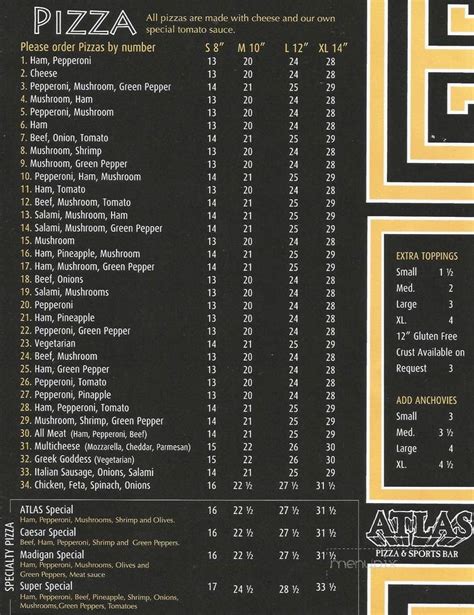 Menu Of Atlas Pizza And Sports Bar In Calgary Ab T2a 7y8