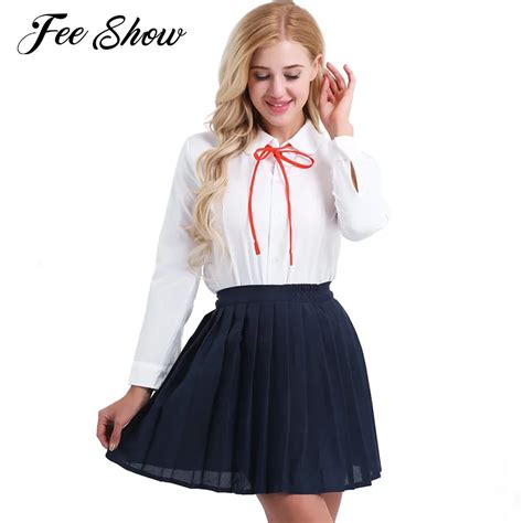 Buy Womens School Girl Costume Long Sleeves Shirt With Pleated Skirt Soft Sexy