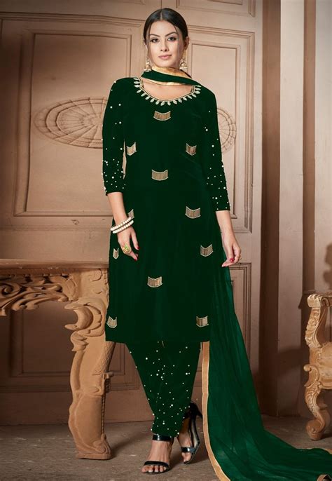 Green Velvet Pakistani Style Suit 161124 Salwar Kameez Designs