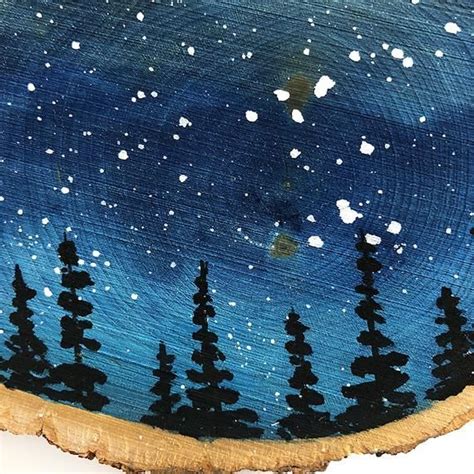 Painted Wood Slice Sunset Nigh Sky Trees Watercolor Etsy Trees