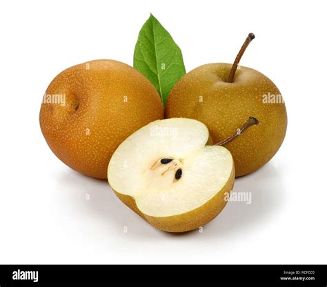 Asian Pear Or Nashi Pear With Leaf Isolated On White Background Stock
