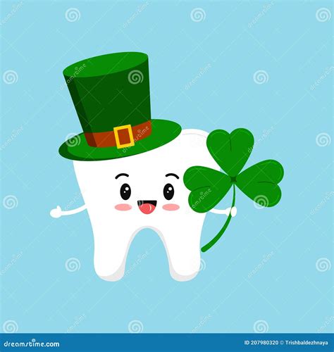 St Patrick Tooth In Leprechaun Hat And Shamrock In Hand Stock Vector