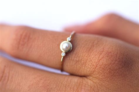 Pearl Diamond Ring Pearl Engagement Ring White Pearl Ring Etsy