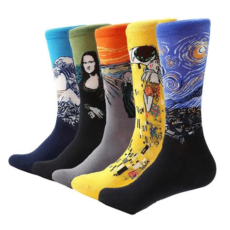 Myored 5 Pairlot Men Funny Socks Cotton Colorful Van Gogh Retro Oil