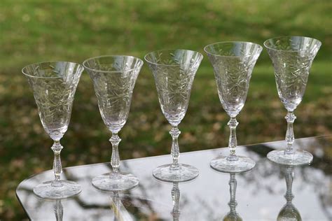 vintage floral etched wine glasses set of 5 rock sharpe circa 1938 antique etched wine