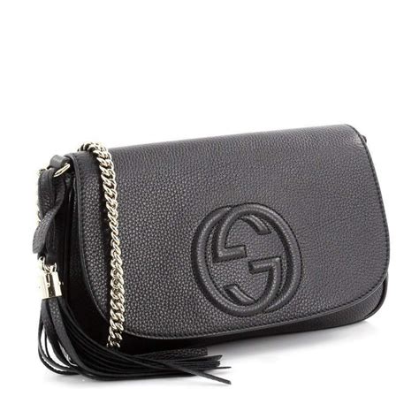 Gucci Gucci Soho Leather Flap Shoulder Bag Black Gold Tassel New