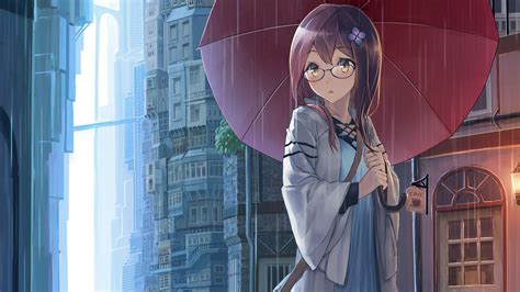 Anime Girls Glasses Meganekko Umbrella Rain Wallpaper