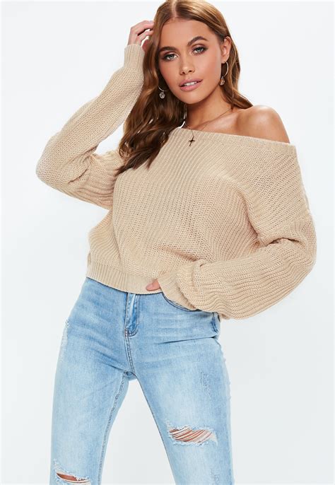 Missguided Synthetic Nude Crop Off Shoulder Knit Sweater In Natural Lyst
