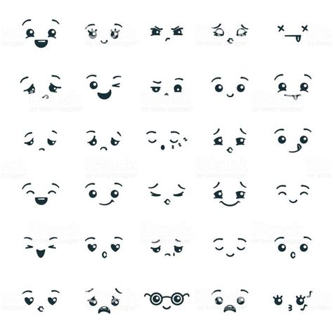 Set Of Cute Kawaii Emoticons Emoji Expression Faces In The Style Of