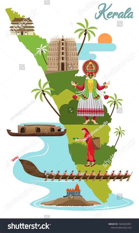 Tourism Traditional Culture Kerala Map Vector стоковая векторная