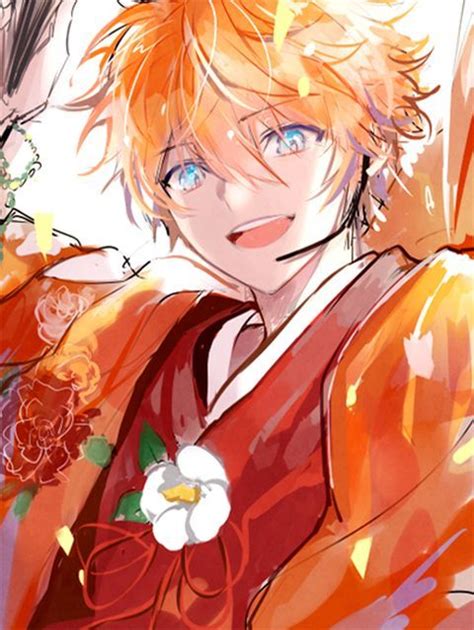 An Anime Character With Orange Hair And Blue Eyes Holding A Flower In