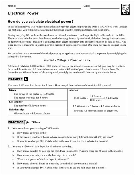 Electric Power Problems Worksheet Answers