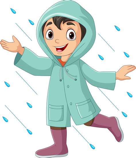 Cartoon Little Boy Wearing Raincoats And Boots In The Rain 15219989