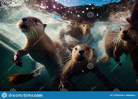 Group Of Otters Playing And Swimming In Water With One Diving Stock