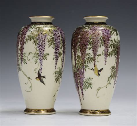 A Pair Of Japanese Satsuma Earthenware Vases Meiji Taisho Period Each