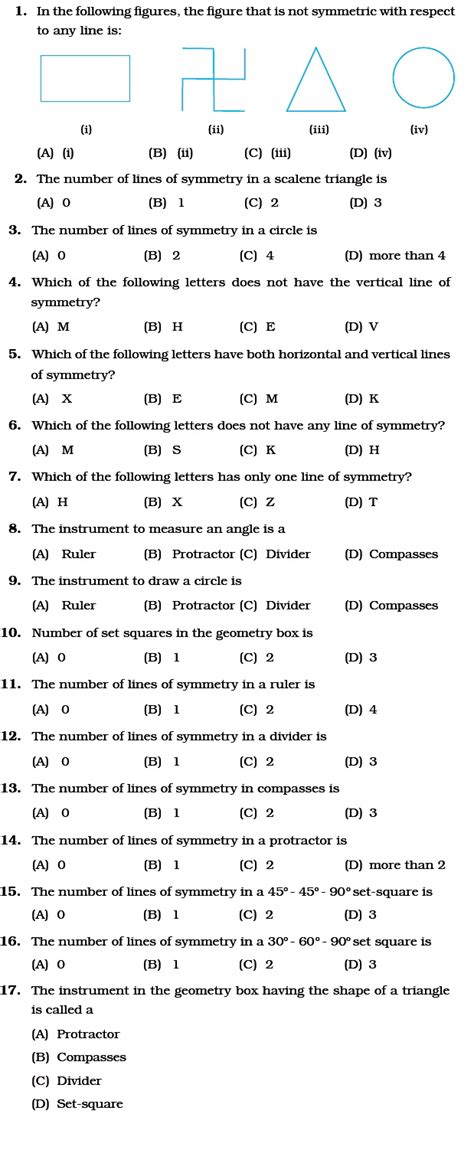Class 5 maths practice, tests, teacher assignments, teacher worksheets, printable worksheets, and other activities for ncert (cbse and icse), imo, sat subject test: Class 6 Important Questions for Maths - Symmetry and ...