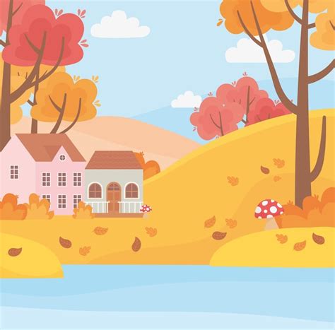 Premium Vector Landscape In Autumn Nature Scene Houses Countryside
