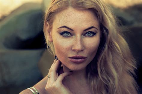 Women Model Blonde Blue Eyes Freckles Face Looking At Viewer