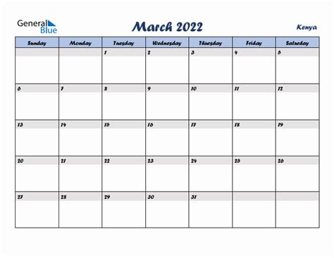 March 2022 Monthly Calendar With Kenya Holidays