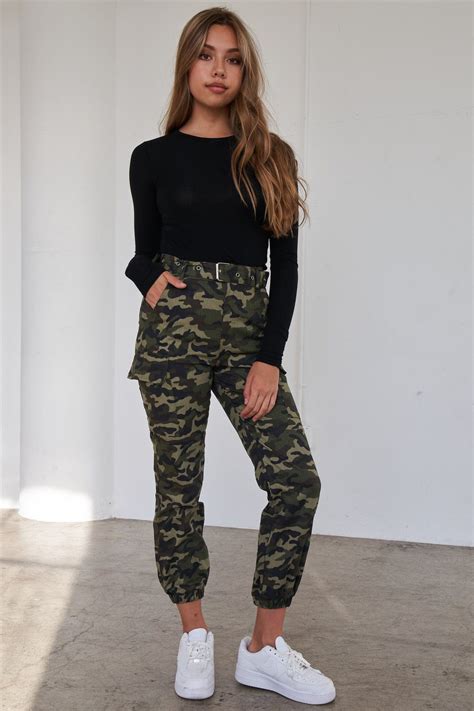 Olive Camouflage Belted High Waist Cargo Jogger Pants Arcade Attire
