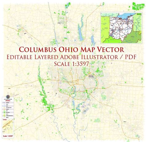 Columbus Ohio Us Pdf Map Vector Exact City Plan High Detailed Street
