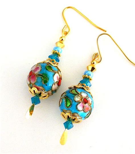 Turquoise Cloisonne Earrings With Swarovski Crystal Birthday Etsy