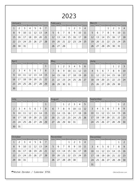 2023 Printable Calendar “37ss” Michel Zbinden Ca
