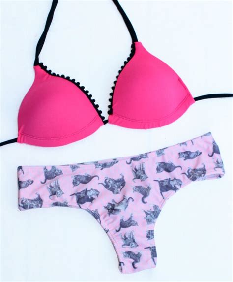 Kittens Cute Thong Bikini With Cat Printed By Laracathcollections My