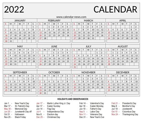 2022 Calendar Printable With Holidays Calendar News