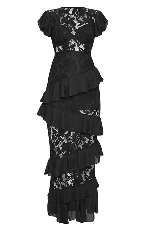 Black Lace Ruffle Detail Maxi Dress Prettylittlething Usa
