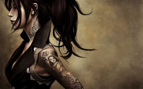 Women Tattoo Artwork Digital Art Ponytail Wallpapers