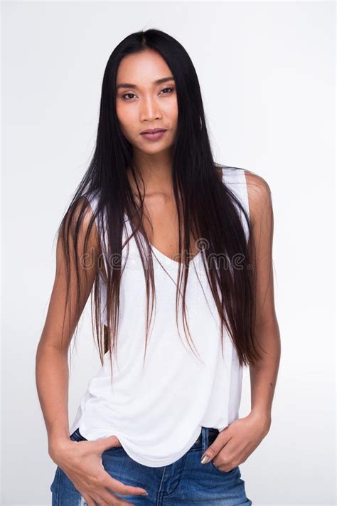 Asian Long Straight Black Hair Tan Skin White Vest Stock Image Image