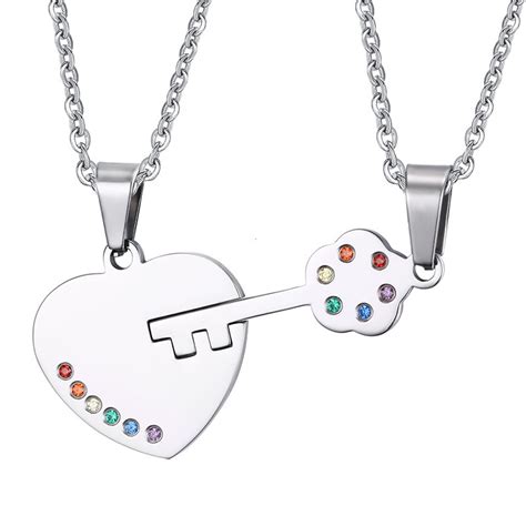 1 Pair Necklaces Lock And Key Symbol Couple Pendents Rainbow Rhinestone