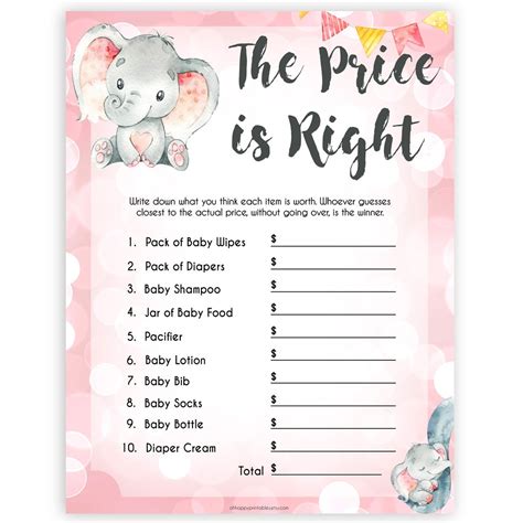 I have personally vetted every single one of these printables. The Price is Right Game - Pink Elephant Printable Baby Shower Games - OhHappyPrintables