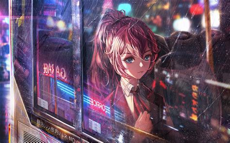 1440x900 Anime Girl Bus Window Neon City 4k 1440x900 Resolution Hd 4k