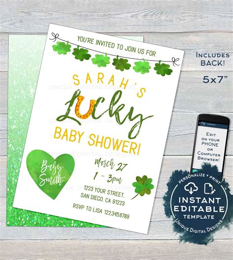 St Patricks Day Baby Shower Invitation Editable Lucky